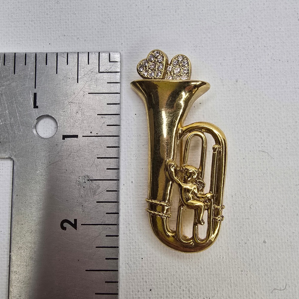 Vintage Gold Tuba Angel Rhinestone Hearts Brooch Pin Musical Instrument Jewelry‎ - Picture 3 of 3